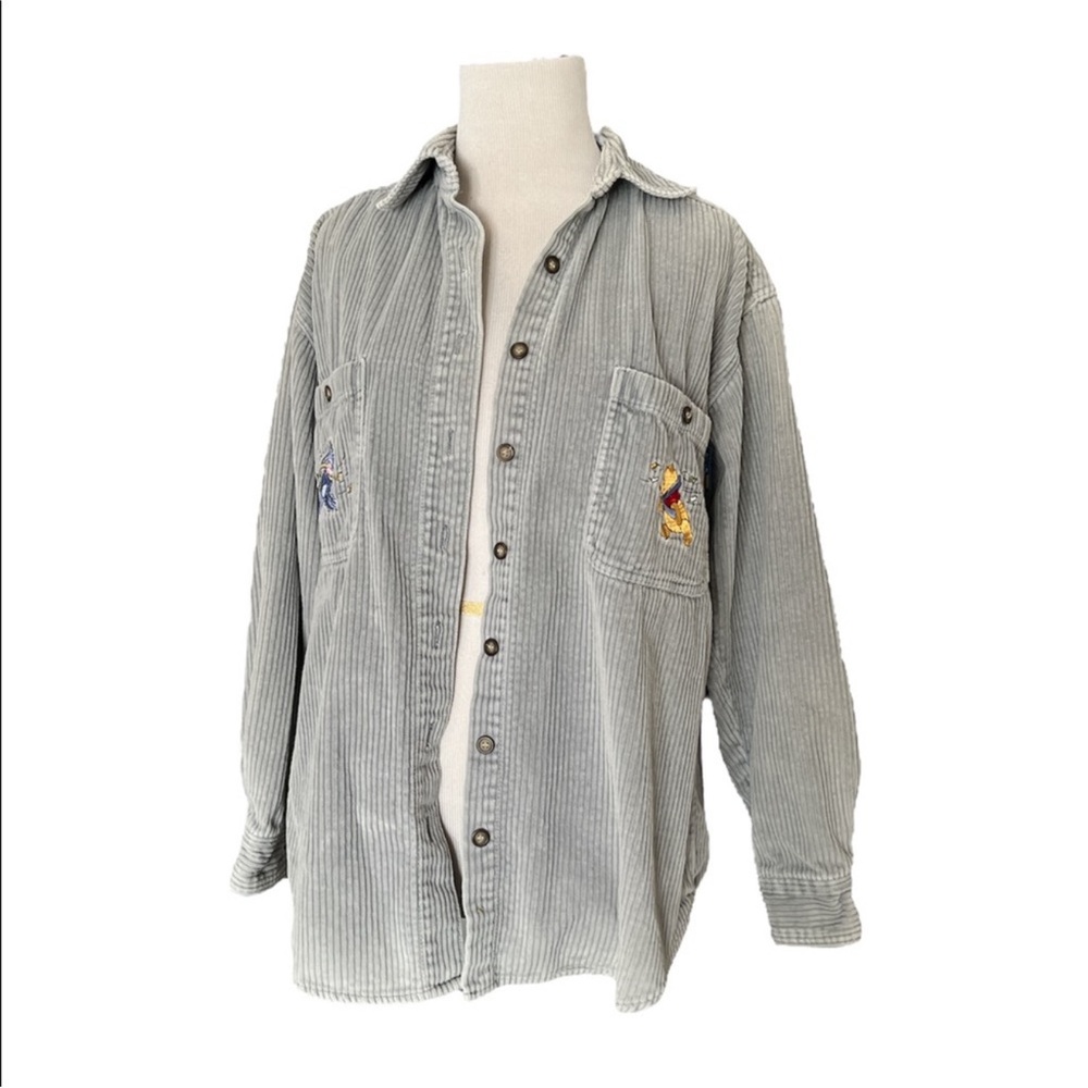 Disney Gray Corduroy Button-Down Shirt with Embroidered Characters